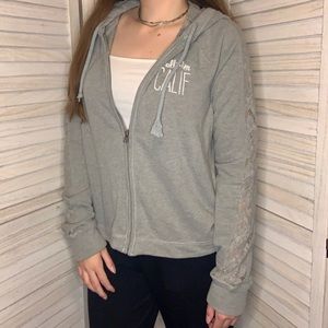 Hollister Light Gray Girly Surfer Open Lace Sleeve Hooded Zip Up Jacket L